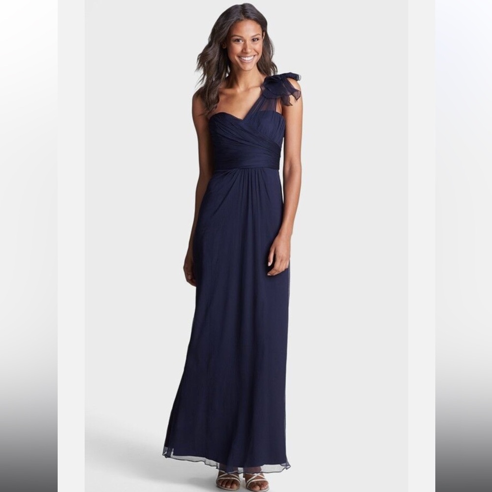 Amsale Size 4 Silk Navy Blue One Shoulder Maxi Formal Gown Prom Bridesmaid Dress